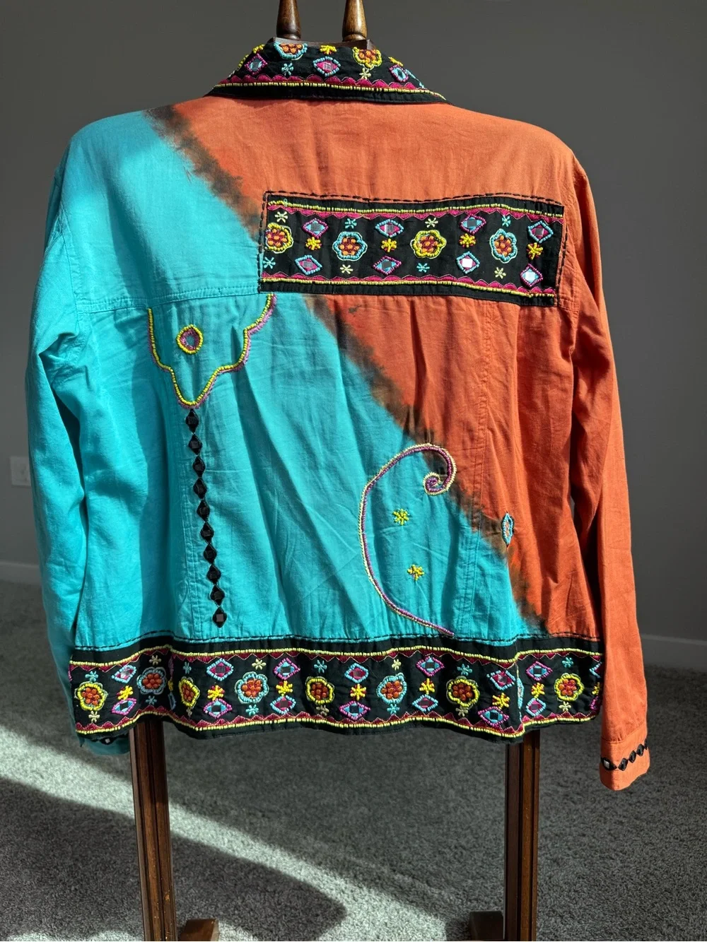 Carrie Allen Beaded Embroidered Art Jacket Boho Wearable Art Hand Painted L